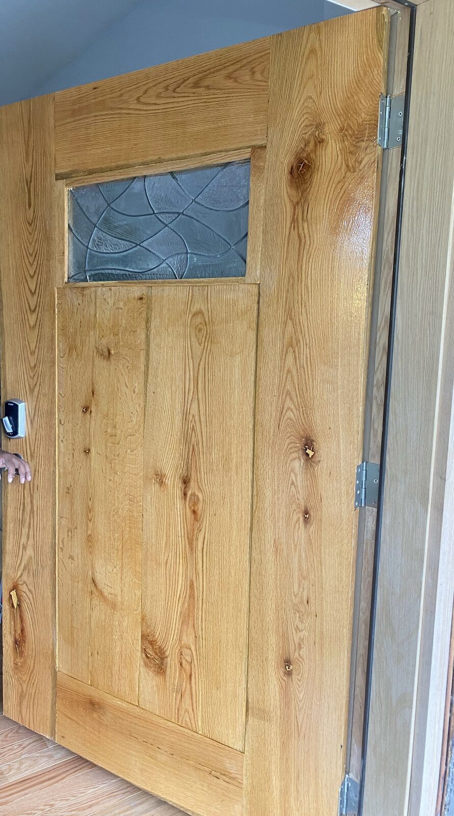 Custom oak door with leaded glass panel